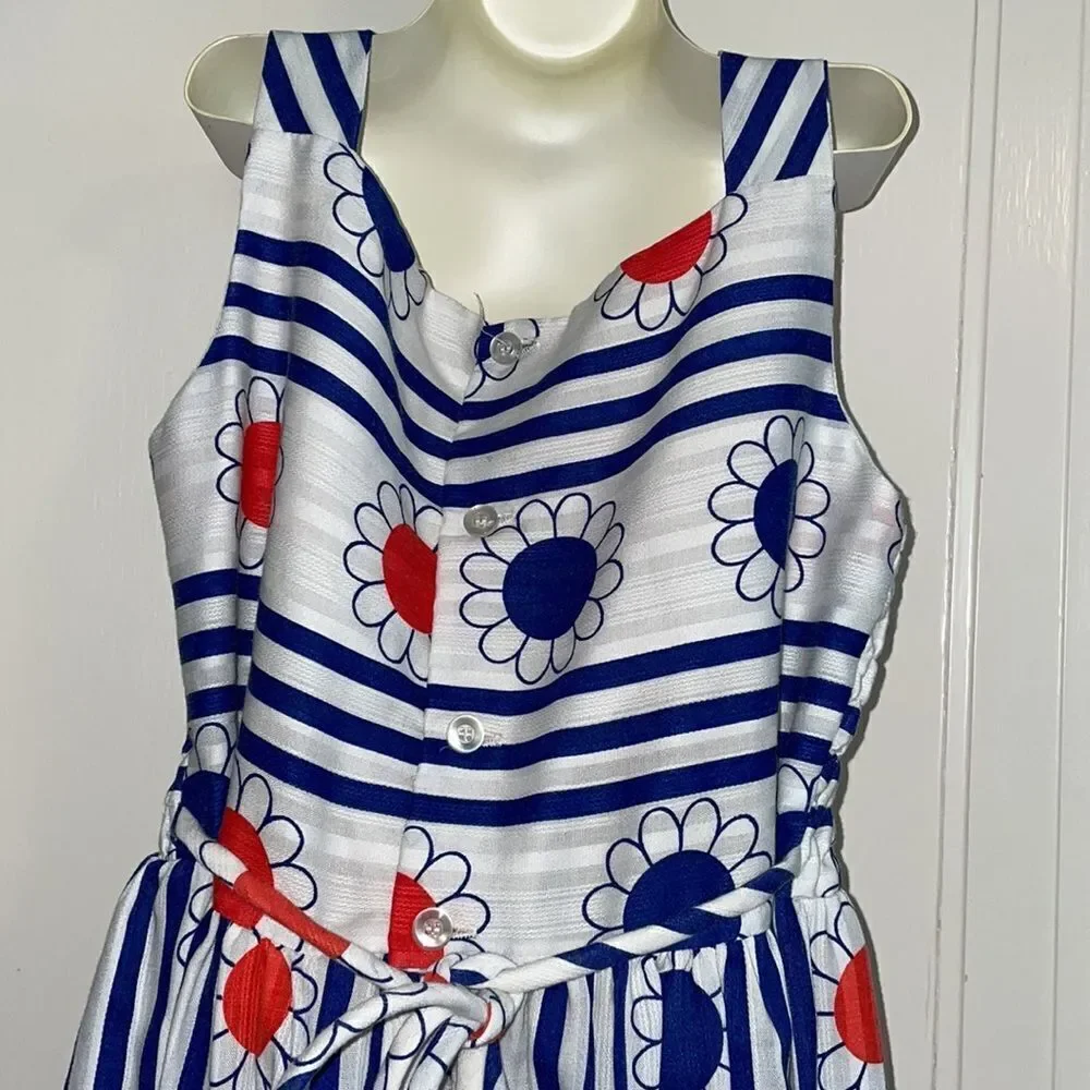 Vtg 60s/70s Youngland‎ preteen red, white & blue flower power maxi dress
